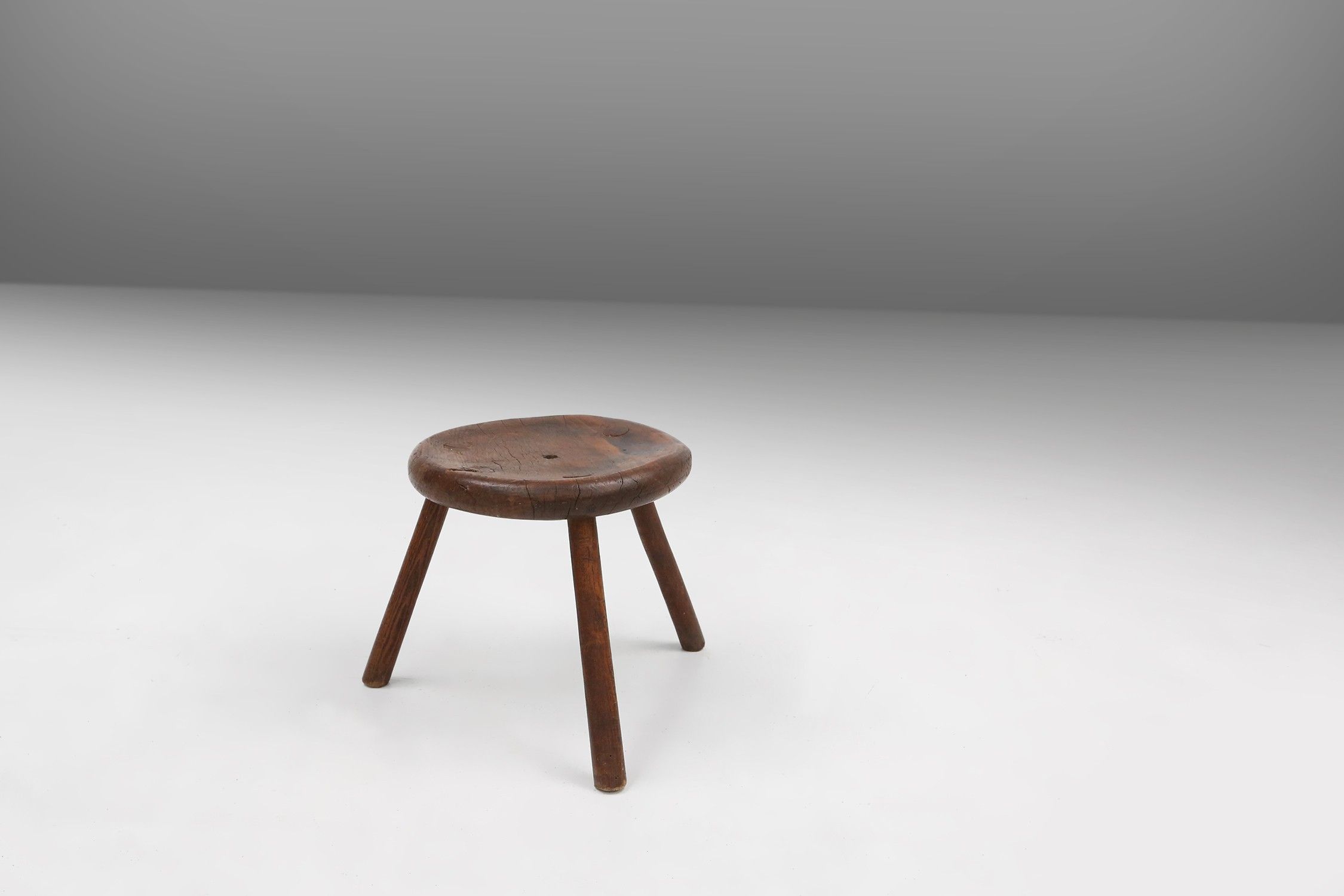 Hand-carved solid wood tripod stool with beautiful patina, France ca. 1900thumbnail